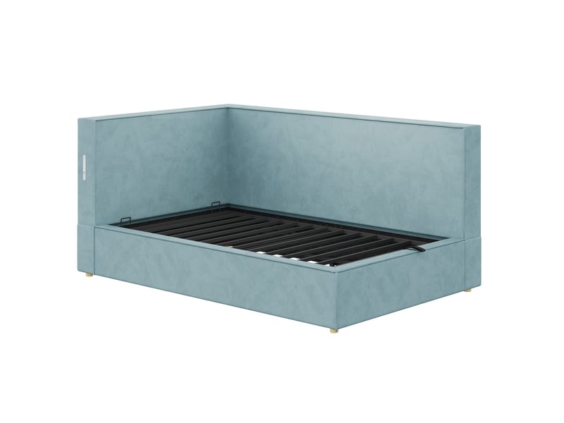  Lit coffre 90x200 cm, lit simple en velours bleu avec led et usbtype-c, sans matelas  - Conforama D