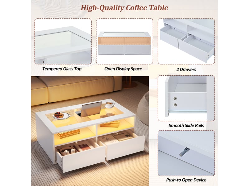 Table basse avec 2 tiroirs, 2 niches ouvertes, led et port usb pour salon, 100 × 50 × 35 cm, en verre, blanc - Conforama C