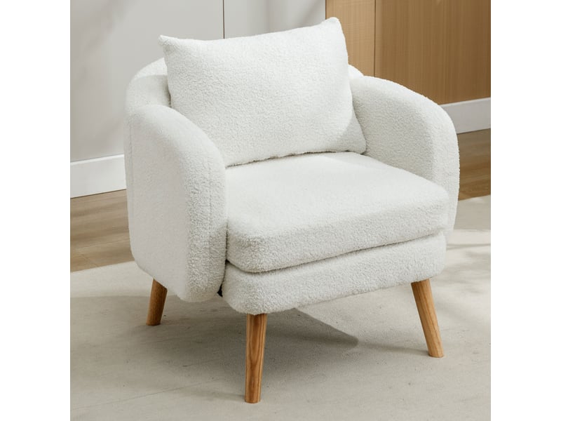 Fauteuil rembourré avec coussin lombaire, assise épaisse 14 cm et structure robuste en teddy blanc 71 × 72 × 71 cm - Conforama C