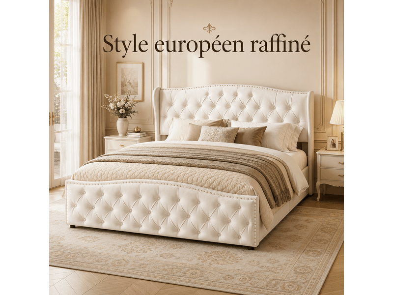  Lit 160 x 200 cm en velours, lit rembourré avec coffre de rangement hydraulique, lit double avec sommier à lattes et tete de lit capitonné, décor avec boutons,2 personnes, sommier à lattes, chambre adulteado, cadre de lit velour…  - Conforama W