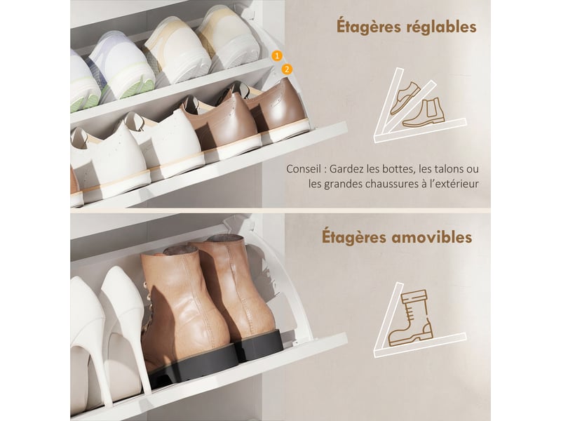  Armoire à chaussures 3 portes abattantes 2 compartiments blanc chêne panneaux particules  - Conforama E