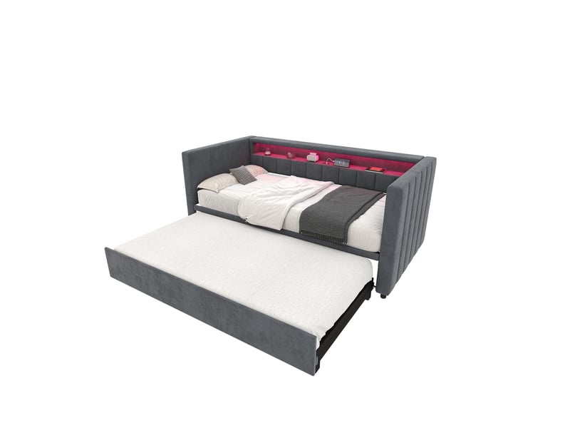  Lit gigogne 90x190cm - canapé lit banquette rembourré velours avec éclairage led, usb type-c &amp; rangement - gris  - Conforama A