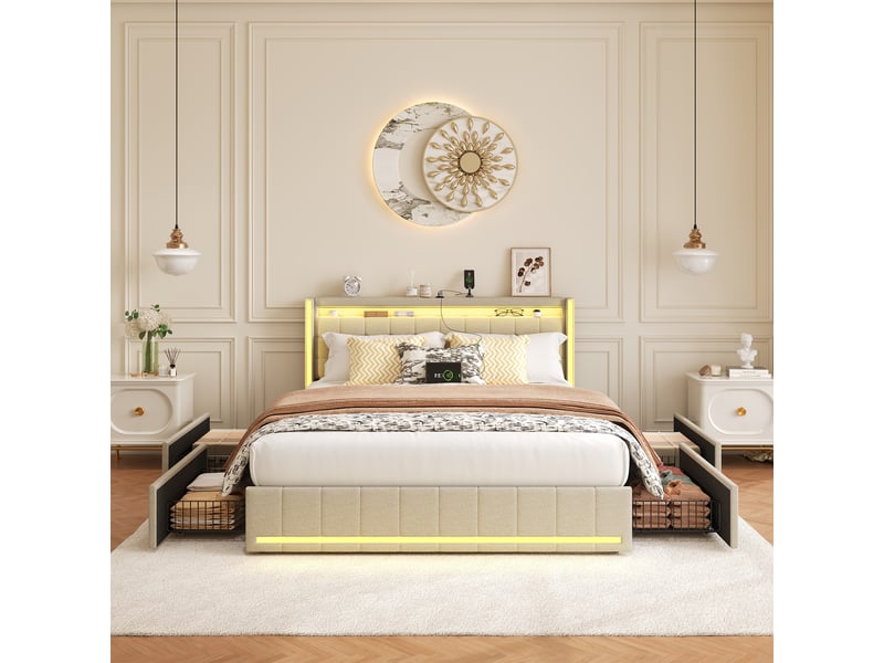  Lit 160 x 200 avec sommier,lit double 160 x 200, 4 tiroirs de rangement, bandeau led port usb, revêtement tissu lin, beige  - Conforama D