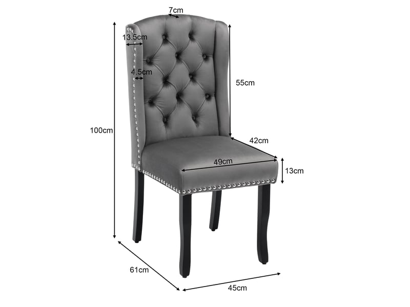  Lot de 2 chaises salle à manger 61x49x100 cm en velours et métal gris, boutons, anneau chromé et clous de décoration  - Conforama C