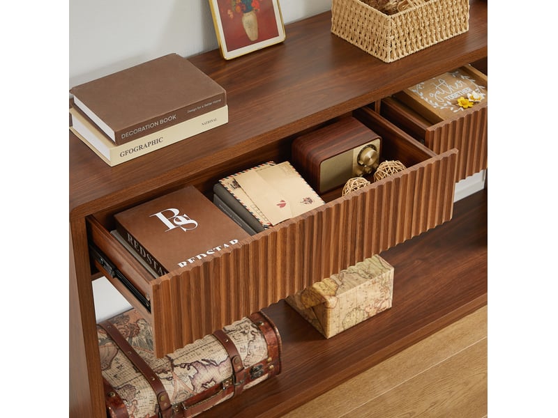  Console d'entrée 150x35x85 cm 2 tiroirs en panneau de particules couleur marron, design simple  - Conforama E