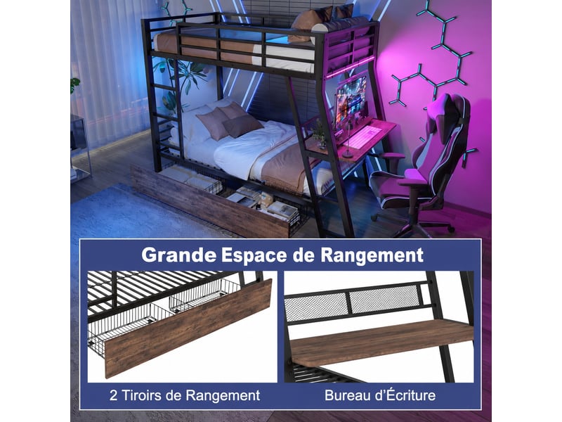  Lit superposé 90x200 cm avec bureau, 2 tiroirs et led réglable, structure en métal noir et mdf, sans matelas  - Conforama W
