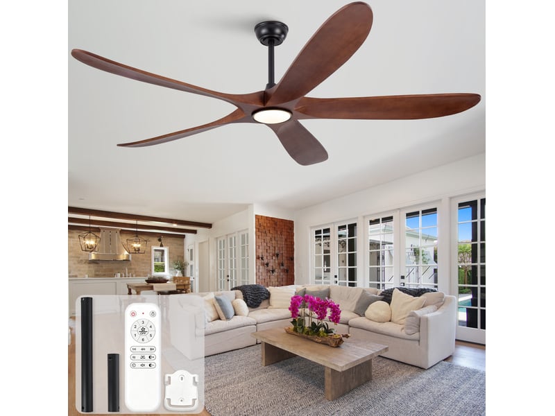  Ventilateur de plafond avec éclairage 176x176x31 cm, 5 pales en bois, 6 vitesses, noyer et noir  - Conforama B
