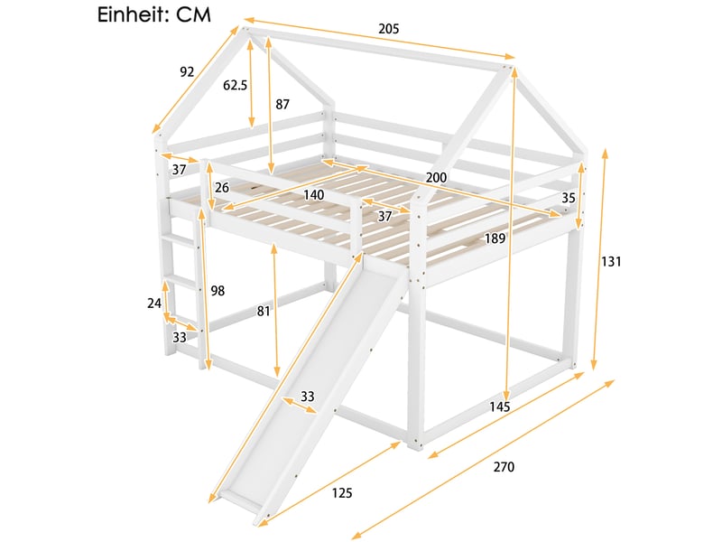  Lit cabane superposé 140x200 cm, lit enfant avec toboggan et échelle de sécurité, structure en bois massif pour chambre, blanc et gris  - Conforama C