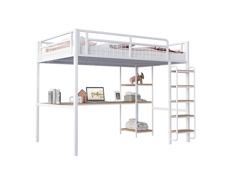  Lit mezzanine 140x200 cm avec bureau et étagères, métal blanc  - Conforama A
