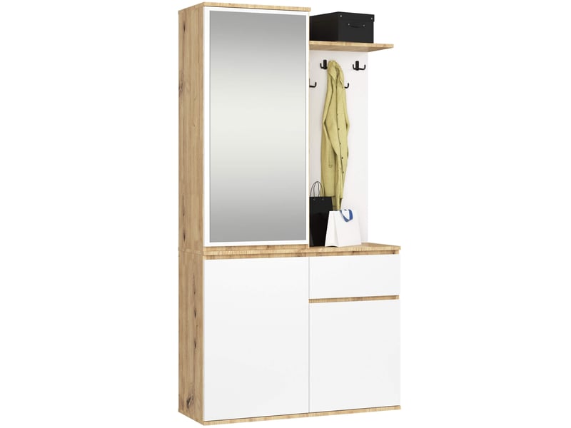  Ensemble de meubles d'entrée entro chêne artisan, blanc avec armoire et miroir 95 cm 3 portes 1 tiroir 7 étagères 95x35x183 cm Ensemble d'entrée ENTRO - Conforama A