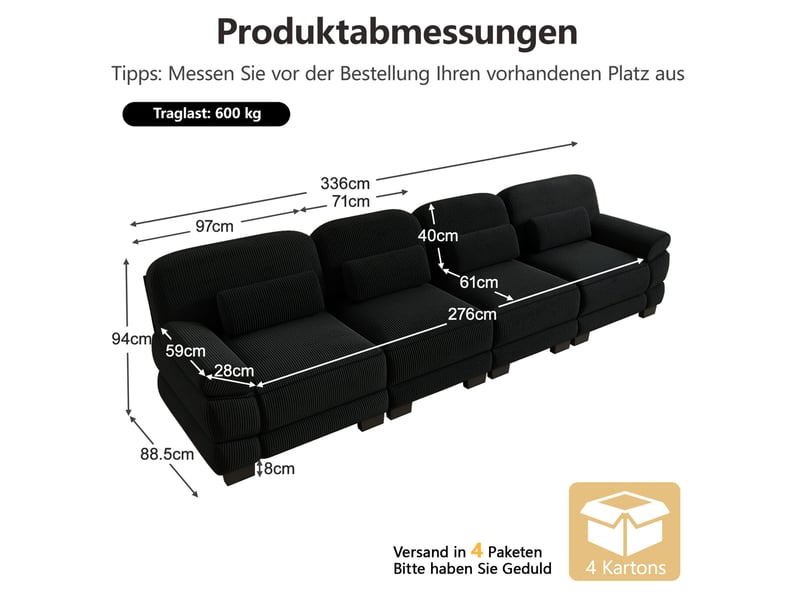 Canapé droit modulable 4 places 336x 88,5x 94 cm, velours côtelé, coussins lombaires, structure stable, noir - Conforama D