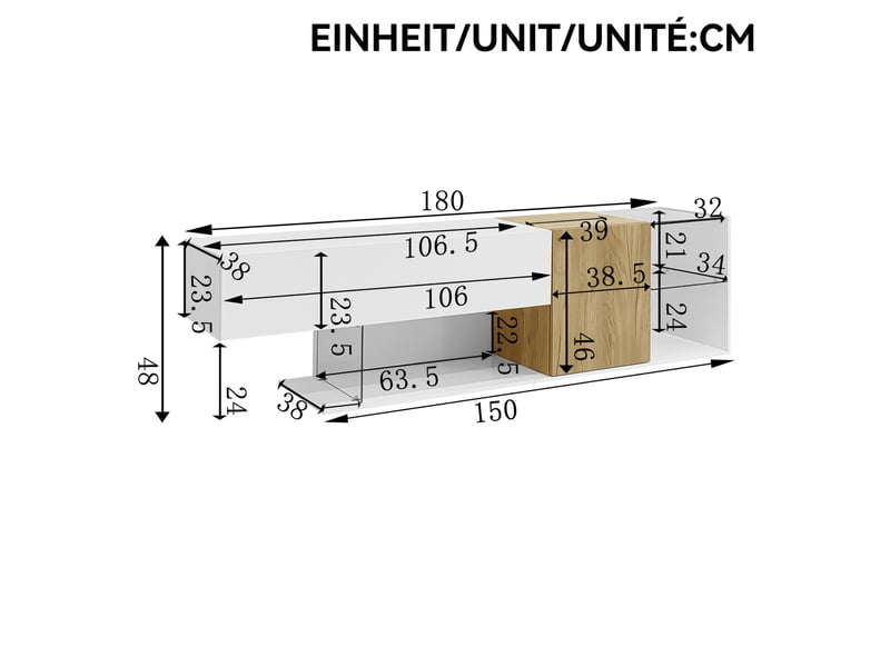  Meuble tv 180 x 38 x 48 cm – blanc et bois naturel – rangement avec portes et étagères en verre  - Conforama C