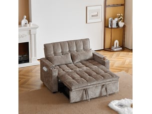 Canapé convertible 2 places en tissu marron avec rangements, porte-gobelets et couchage d'appoint pratique