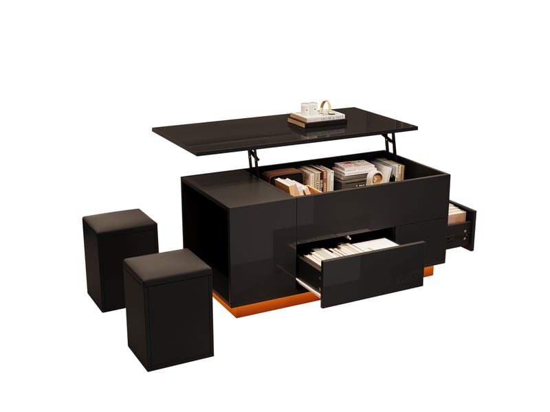  Table basse 4 en 1 (100 x 50 x 45 cm) réglable en hauteur avec éclairage led, table basse avec 2 tiroirs, table d'appoint laquée avec 2 tabourets, table de chevet avec rangement dissimulé, charge maximale 50 kg, noire  - Conforama A