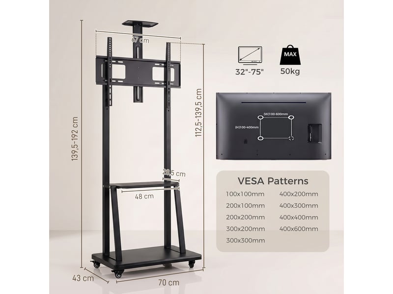  Support tv mobile support pour téleviseur 32-75 pouces hauteur réglable étagère  - Conforama C