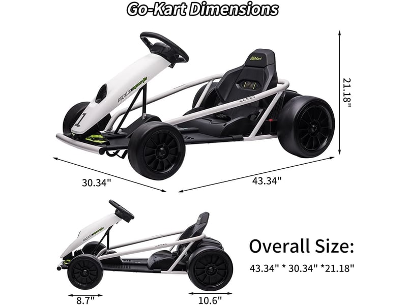  Kart électrique pour enfant 24 v, mode dérive, 2x300 w, siège réglable, mp3, 70 kg – blanc PTO_0YXZATD8 - Conforama B