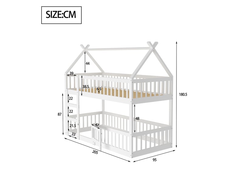  Lit superposé pour enfants 90x200 cm avec échelle, lit cabine avec cadre en bois massif, lit 1 personne, blanc  - Conforama B
