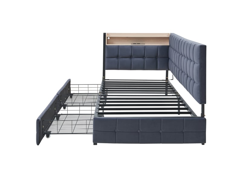  Lit enfant 90 x 200 cm, 2 tiroirs, tête led multicolore, prise usbtype-c, ossature métal, velours gris foncé, sans matelas  - Conforama D