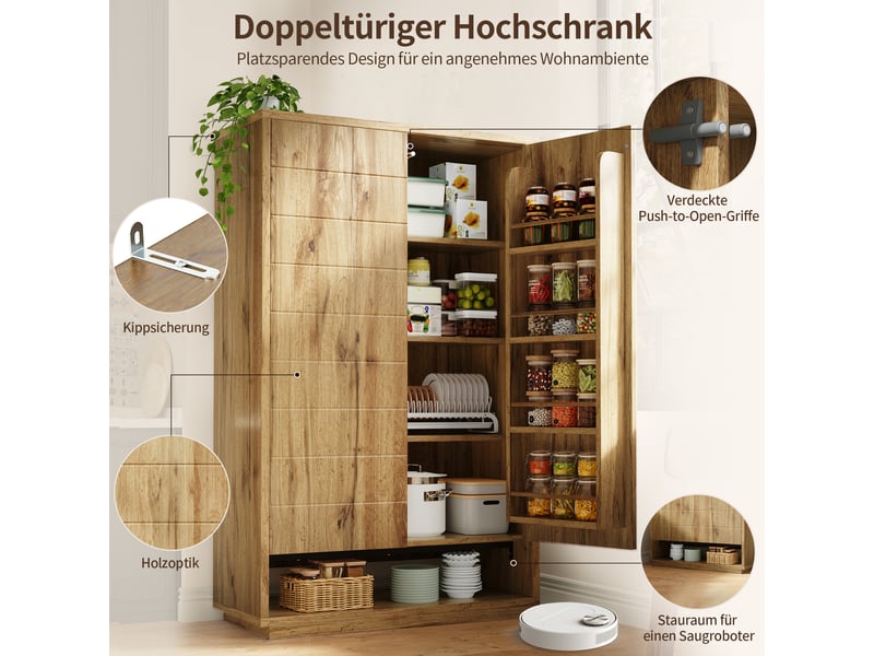 Armoire haute de cuisine 100 x 40 x 162,5 cm effet chêne, 8 niches, 2 portes push-to-open et rangement vertical anti-basculement pour cuisine  - Conforama E