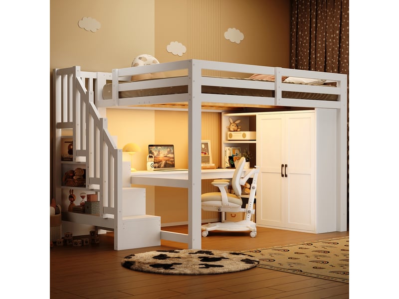  Lit mezzanine 140x200 cm blanc avec bureau intégré, armoire, étagères, escalier rangement et usb led  - Conforama B