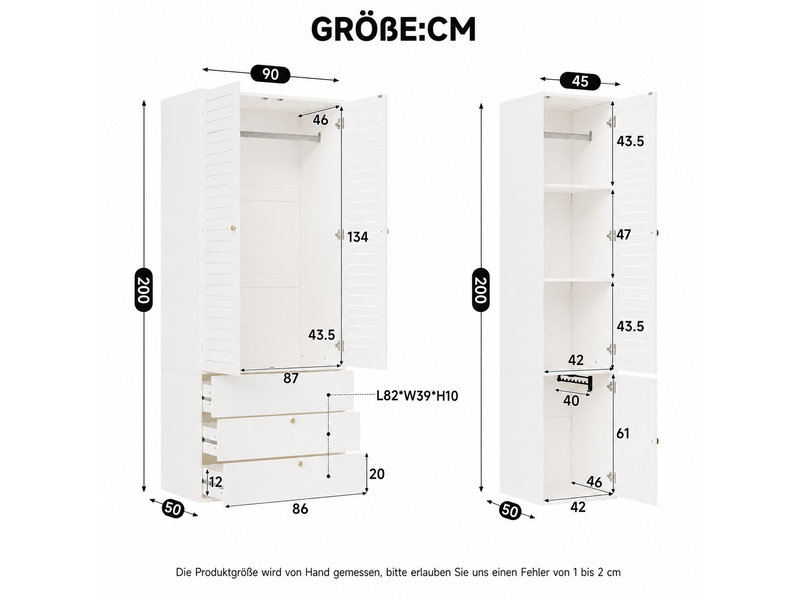  Armoire penderie 3 portes 135 x 50 x 200 cm blanche en panneaux de particules, 3 tiroirs et 2 tringles  - Conforama C