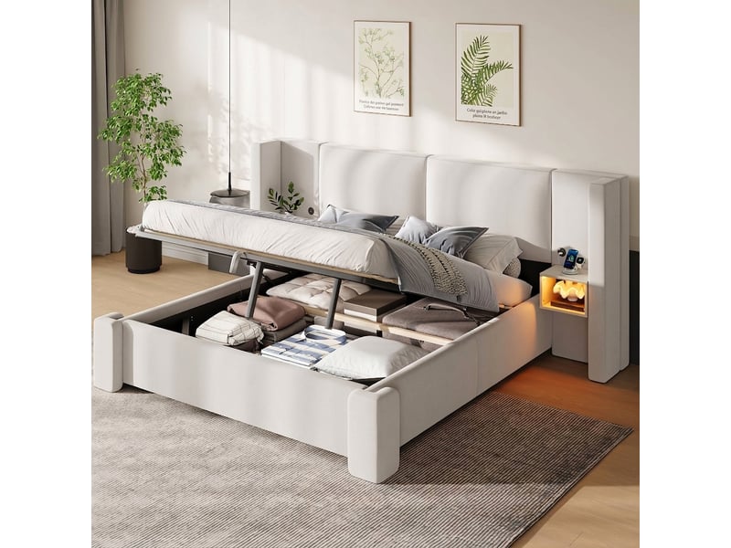  Lit coffre 140x200 beige capitonné avec led et rangement intégré sans matelas  - Conforama E