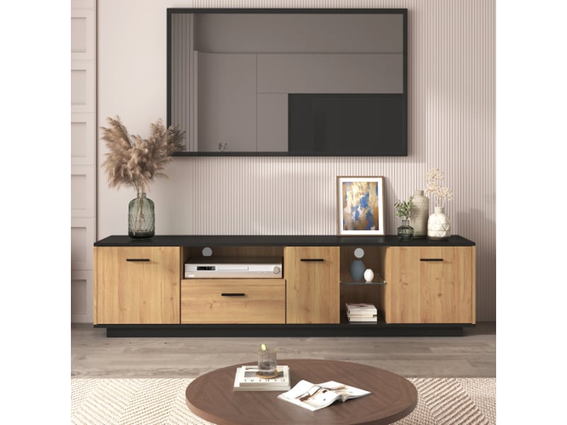 Meuble tv avec led – 1 tiroir, 3 portes, 2 compartiments ouverts en verre – meuble bas tv en bois noir et effet chêne naturel – éclairage led 15 couleurs – design moderne - Conforama R