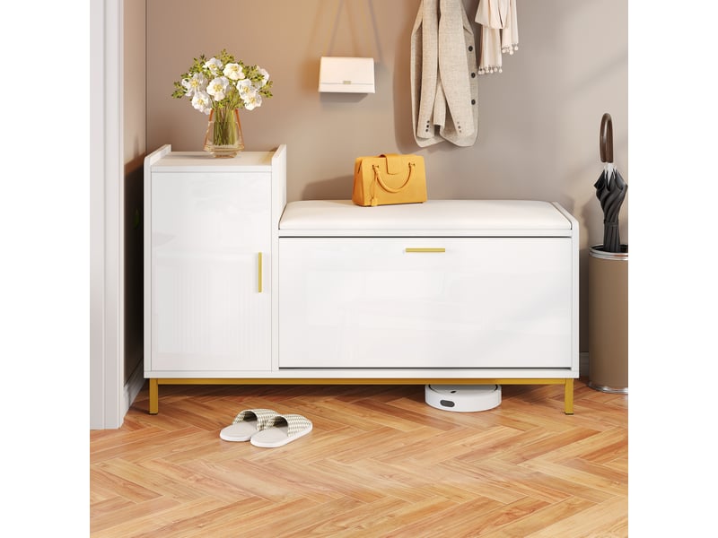  Meuble à chaussures 2 niveaux avec assise rembourrée pour entrée 100×38×68 cm blanc et or  - Conforama B