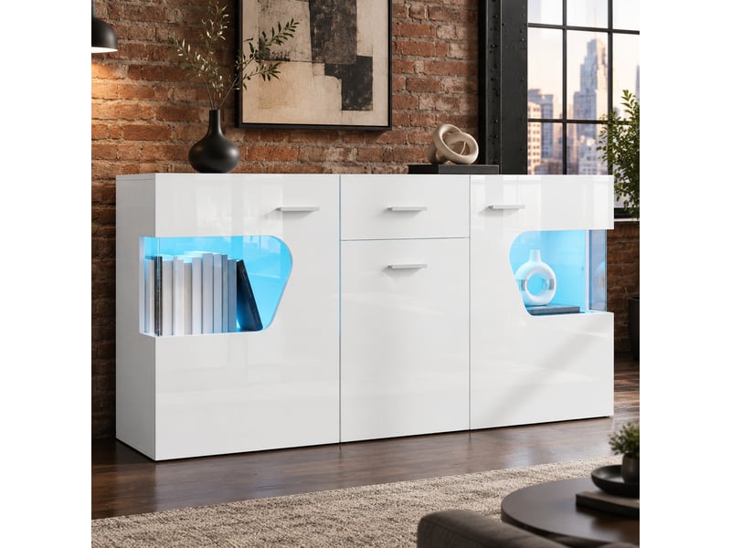 Buffet 3 portes 140x33x70 cm avec éclairage led en mdf et verre blanc brillant - Conforama B