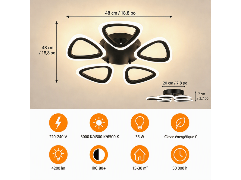  Plafonnier led fleur 5 branches en acrylique, d48 x h7 cm, lampe de plafond 35 w 1999 lm, noir sable, avec mémoire, salon, chambre, cuisine  - Conforama C