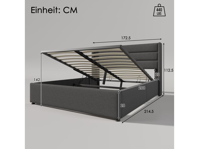  Lit double 160x200 cm avec matelas – structure métallique, sommier à lattes en bois, revêtement en tissu lin gris  - Conforama E
