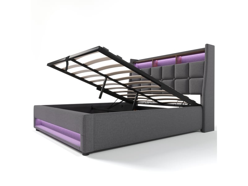 Lit adulte 160x200 cm 2 places avec usb, led, tête de lit avec rangement, sommier et lit coffre, revêtement lin gris, matelas inclus - Conforama A