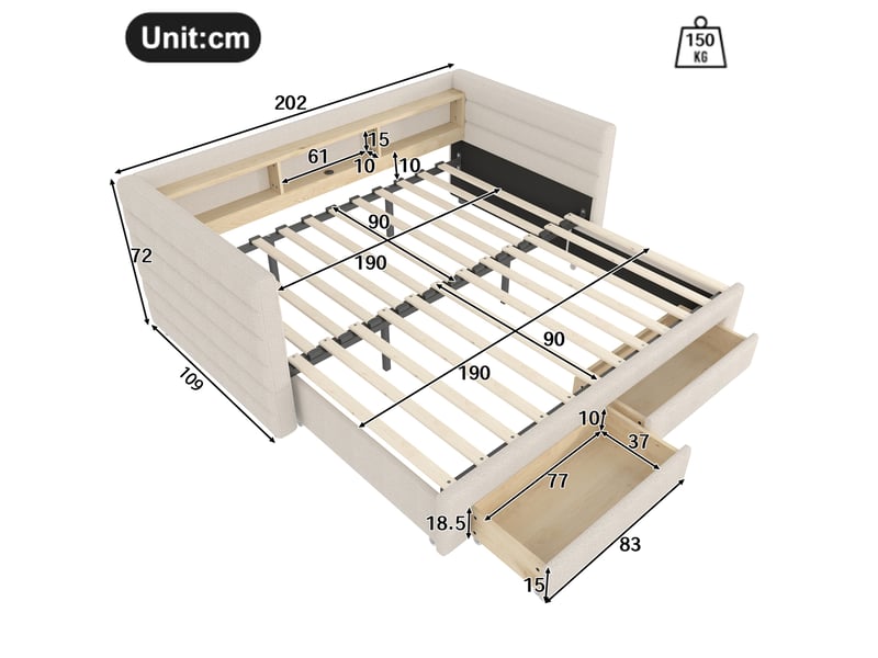 Lit de repos 90x190 cm extensible avec rangement, led, usb et usb-c, mdf beige, sans matelas - Conforama C