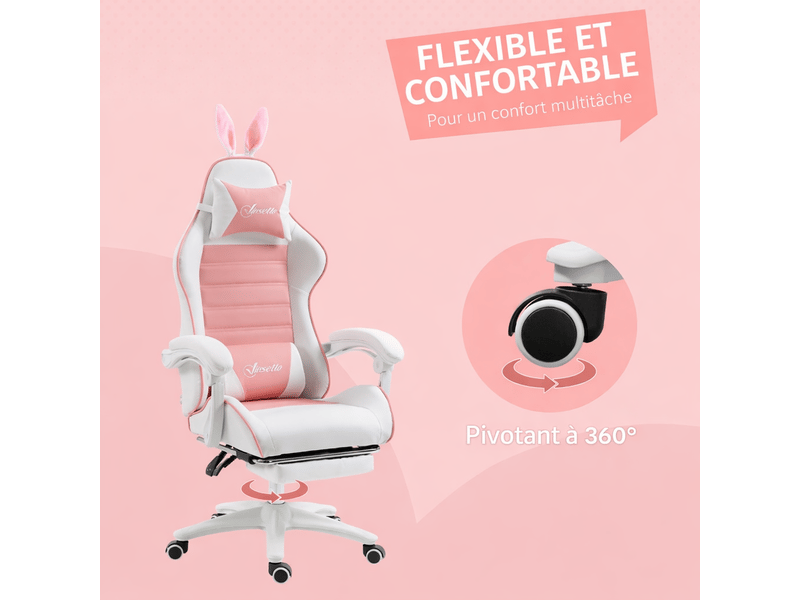  Fauteuil gaming rose - soutien lombaire, repose-pieds, oreilles lapin, coussin cervical, hauteur et inclinaison réglables  - Conforama E