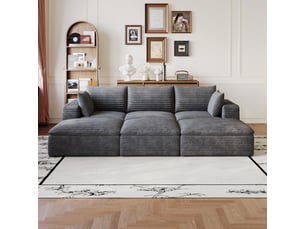 Canapé cloud 6 places modulable, velours côtelé gris foncé, 260 cm, coussins amovibles, sans montage