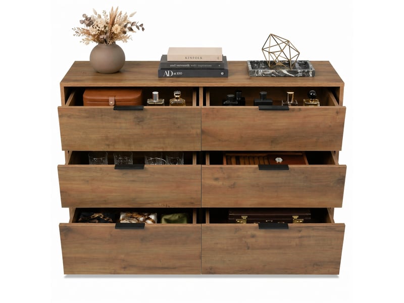  Commode ulevr avec rangement, 6 tiroirs, 120 x 40 x 76 cm, pieds et poignées en métal, panneau de particules, chêne foncé  - Conforama A