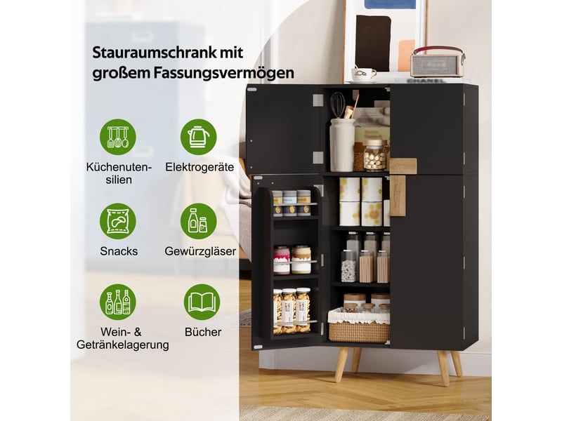  Armoire haute de cuisine 60x35x120 cm avec 4 portes, grand rangement, étagères réglables, rangements de porte, façades géométriques, mdf noir  - Conforama E