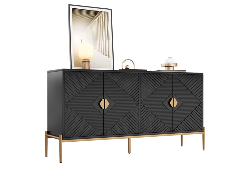  Buffet moderne 162x40x80 cm, design portes géométriques, pieds métal, mdf et panneau de particules, noir, rangement  - Conforama A