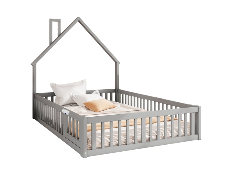  Lit enfant 140x190 cm avec sommier à lattes et barrières gris  - Conforama A