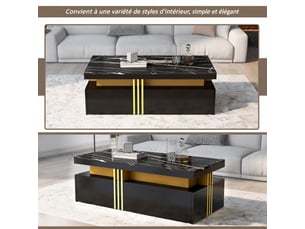 Ensemble meuble tv et table basse noir brillant effet marbre, meuble salon moderne pour tv 90