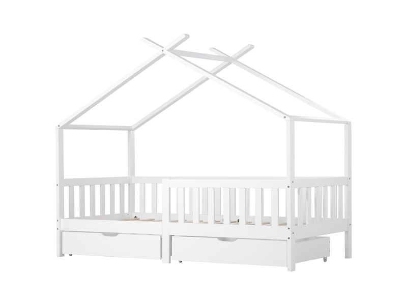 Lit enfant 90x200cm, lit 1 place, lit cabane avec 2 tiroirs de rangement et sommier, pin blanc, sans matelas - Conforama A