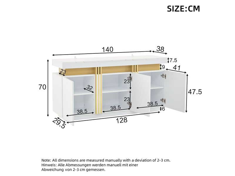  Buffet 3 portes avec 6 compartiments et étagères réglables pour salon 140×38×70 cm blanc  - Conforama E