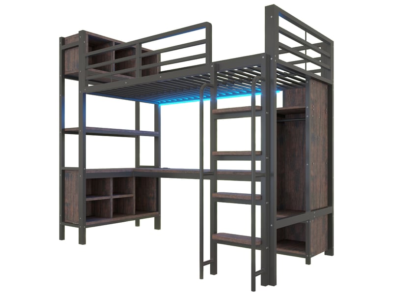  Lit mezzanine enfant 90x200 cm avec bureau, armoire, étagères, compartiments de rangement, éclairage led, prises eu, barrière de sécurité, cadre de lit en métal, noir  - Conforama A
