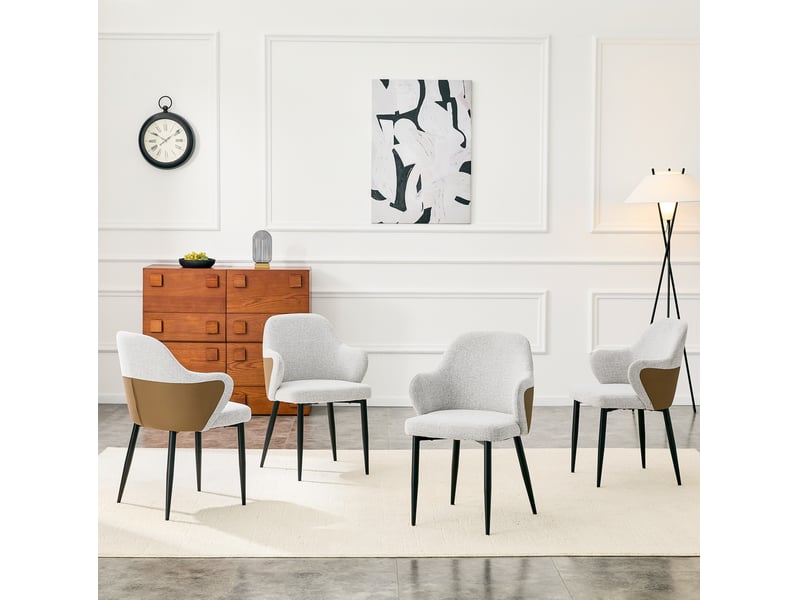  Lot de 2 chaises d'appoint gris clair, hauteur 83 cm, accoudoir absent, assise en tissu structuré gris clair et pu marron, pieds métalliques croisés noirs, design moderne élégant  - Conforama D