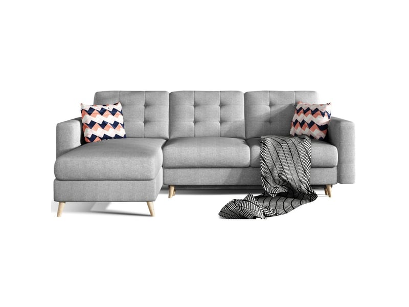 Canapé d'angle convertible hasgard 3 places gris 248x162 cm – coffre et pieds bois - Conforama A