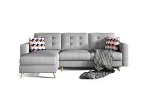 Canapé d'angle convertible hasgard 3 places gris 248x162 cm – coffre et pieds bois