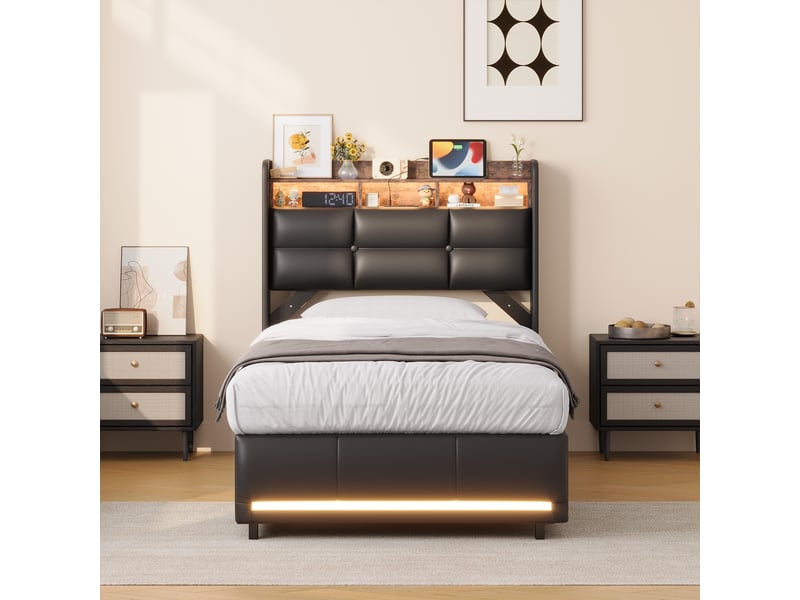  Lit simple de rangement 90x200cm avec éclairage led et port usb, espace de rangement, cuir pu, noir  - Conforama D