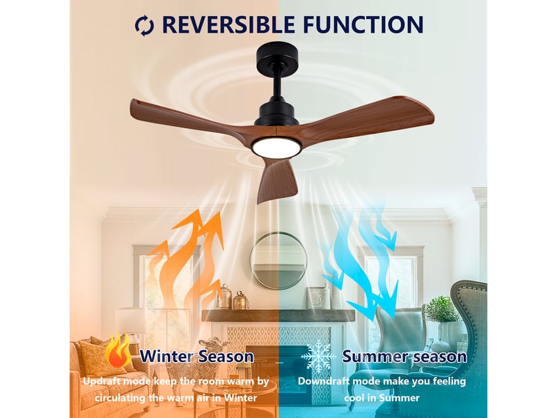 Ventilateur de plafond 107 cm éclairage led dimmable bois massif noir et noyer foncé réversible télécommande minuterie et mémoire - Conforama B
