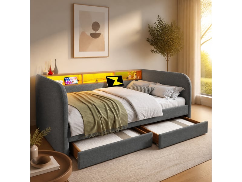  Lit de jour 140 x 190 cm gris en lin avec led, usb-c, rangement et 2 tiroirs  - Conforama C