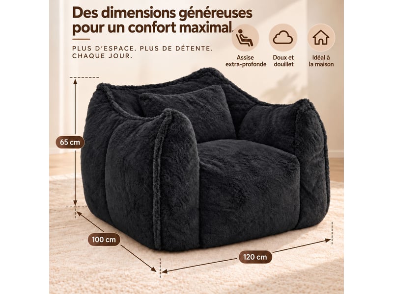  Fauteuil pouf paresseux en fausse fourrure, sans montage, rempli de mousse déchiquetée haute densité, design ergonomique,noir  - Conforama B